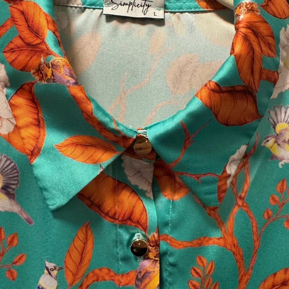 Oversized Floral Satin Button-Up Blouse – Teal Orange Print (New With Tag) - Picture 8 of 9